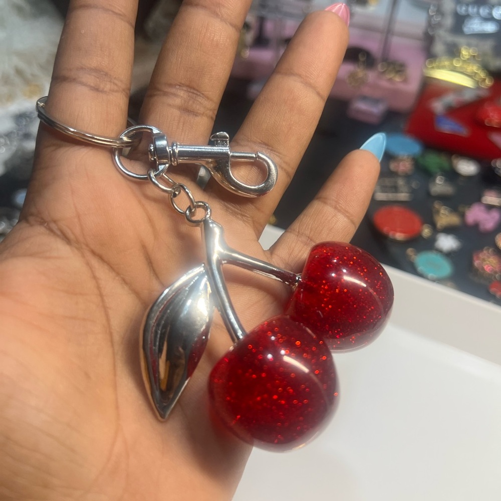 Red Cherry Keychain with Silver Leaf